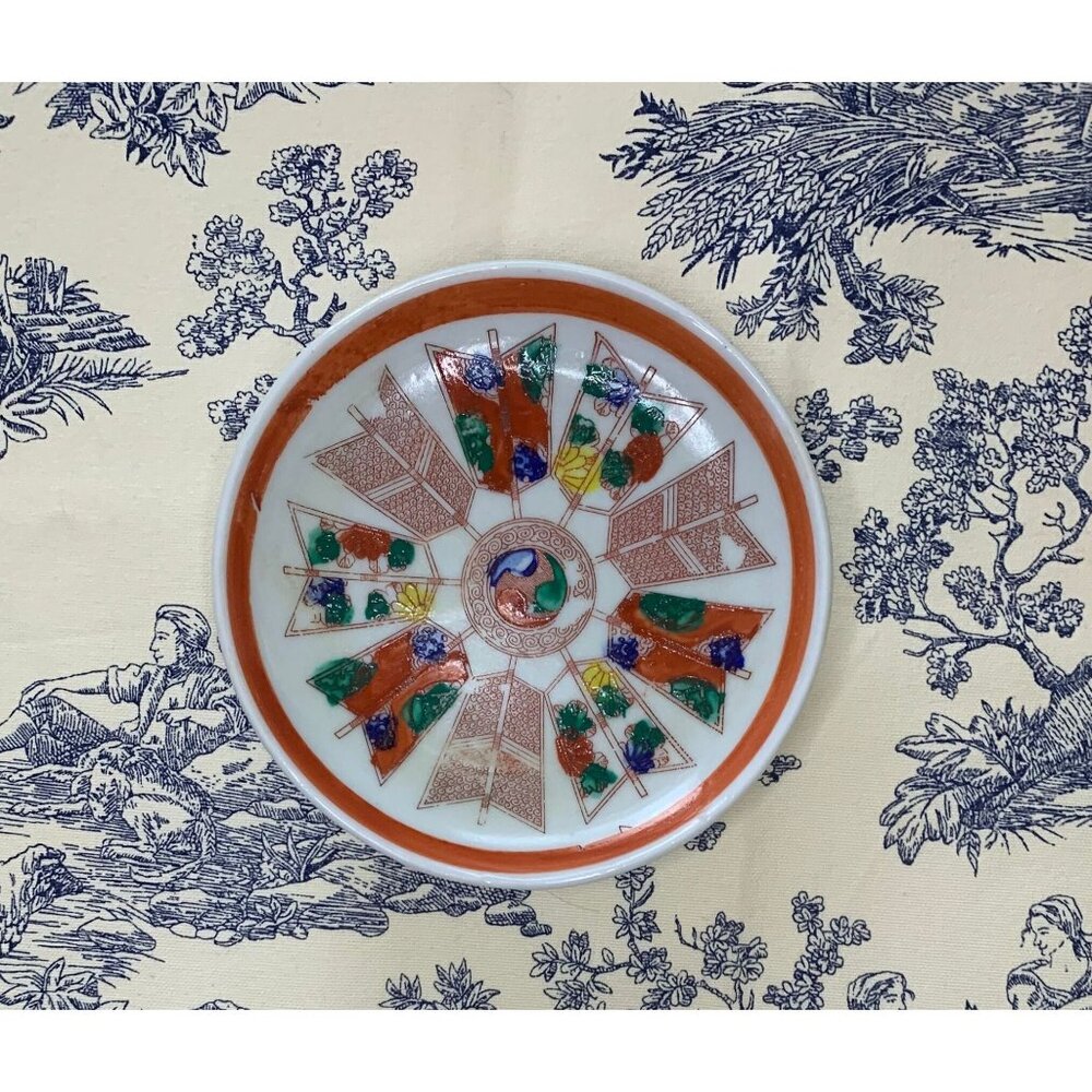 Antique Handpainted Butter Pat Trinket Dish Nippon Japan Japanese Fans